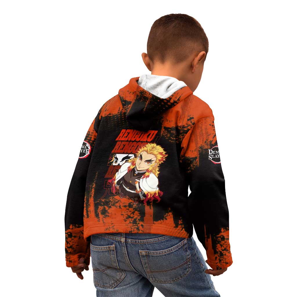 Kyojuro Rengoku Demon Slayer Black and Orange Grunge Design Kid Hoodie with Bold Eyes and Flame Hashira Artwork - The Mazicc