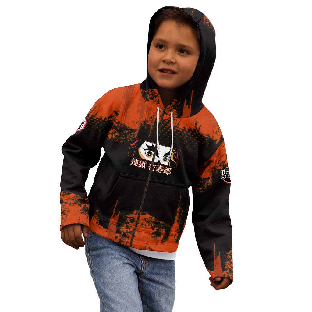Kyojuro Rengoku Demon Slayer Black and Orange Grunge Design Kid Hoodie with Bold Eyes and Flame Hashira Artwork - The Mazicc