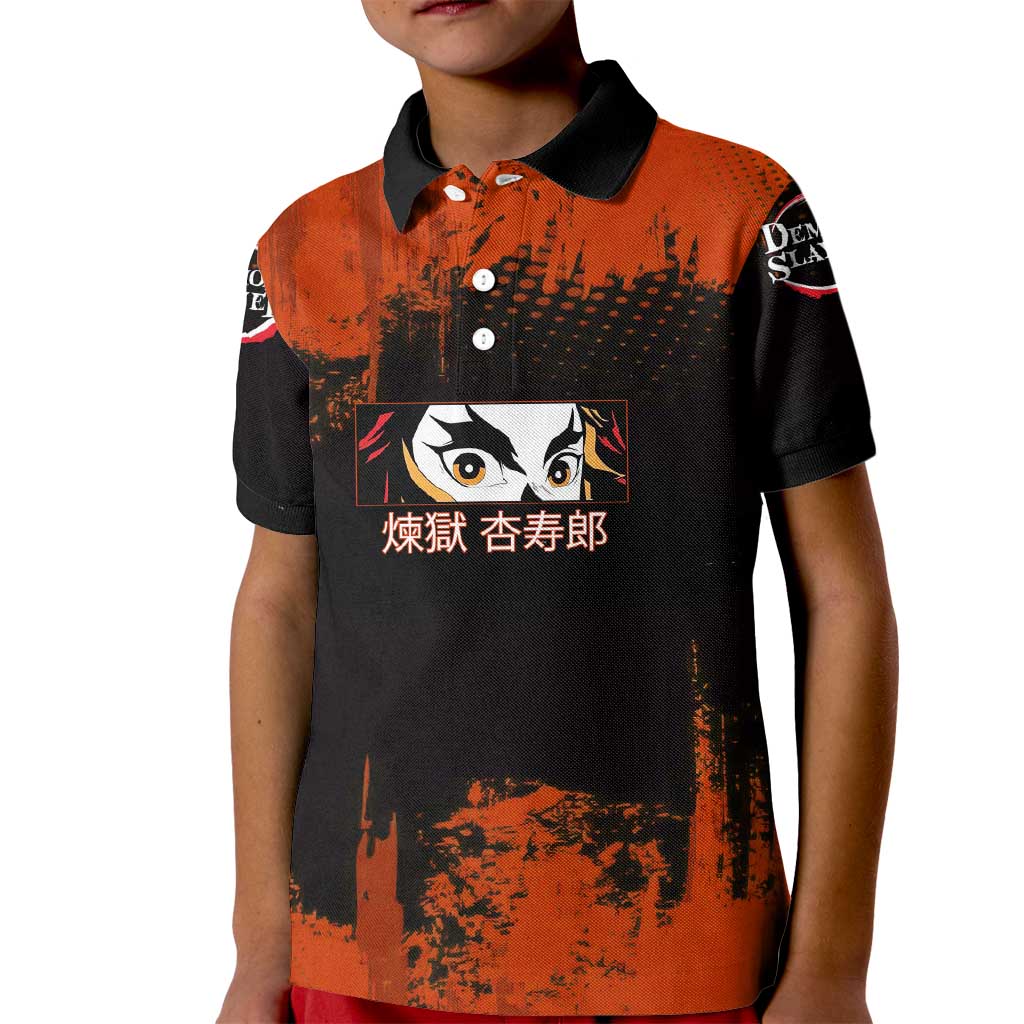 Kyojuro Rengoku Demon Slayer Black and Orange Grunge Design Kid Polo Shirt with Bold Eyes and Flame Hashira Artwork - The Mazicc