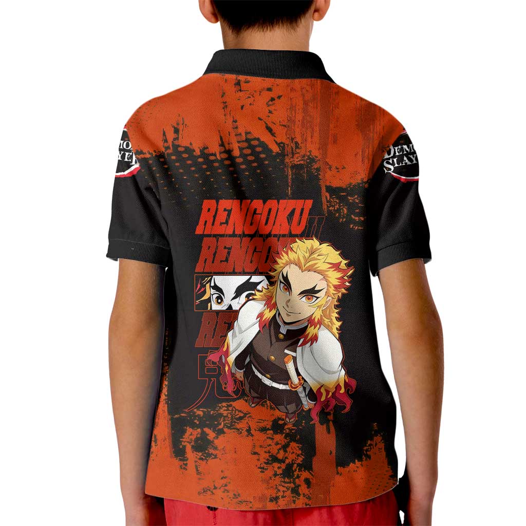 Kyojuro Rengoku Demon Slayer Black and Orange Grunge Design Kid Polo Shirt with Bold Eyes and Flame Hashira Artwork - The Mazicc