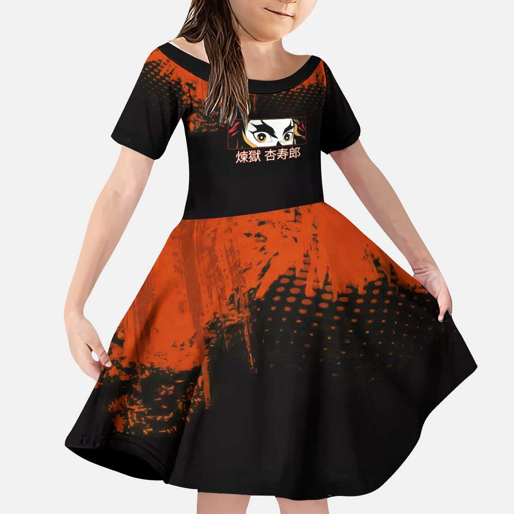Kyojuro Rengoku Demon Slayer Black and Orange Grunge Design Kid Short Sleeve Dress with Bold Eyes and Flame Hashira Artwork - The Mazicc