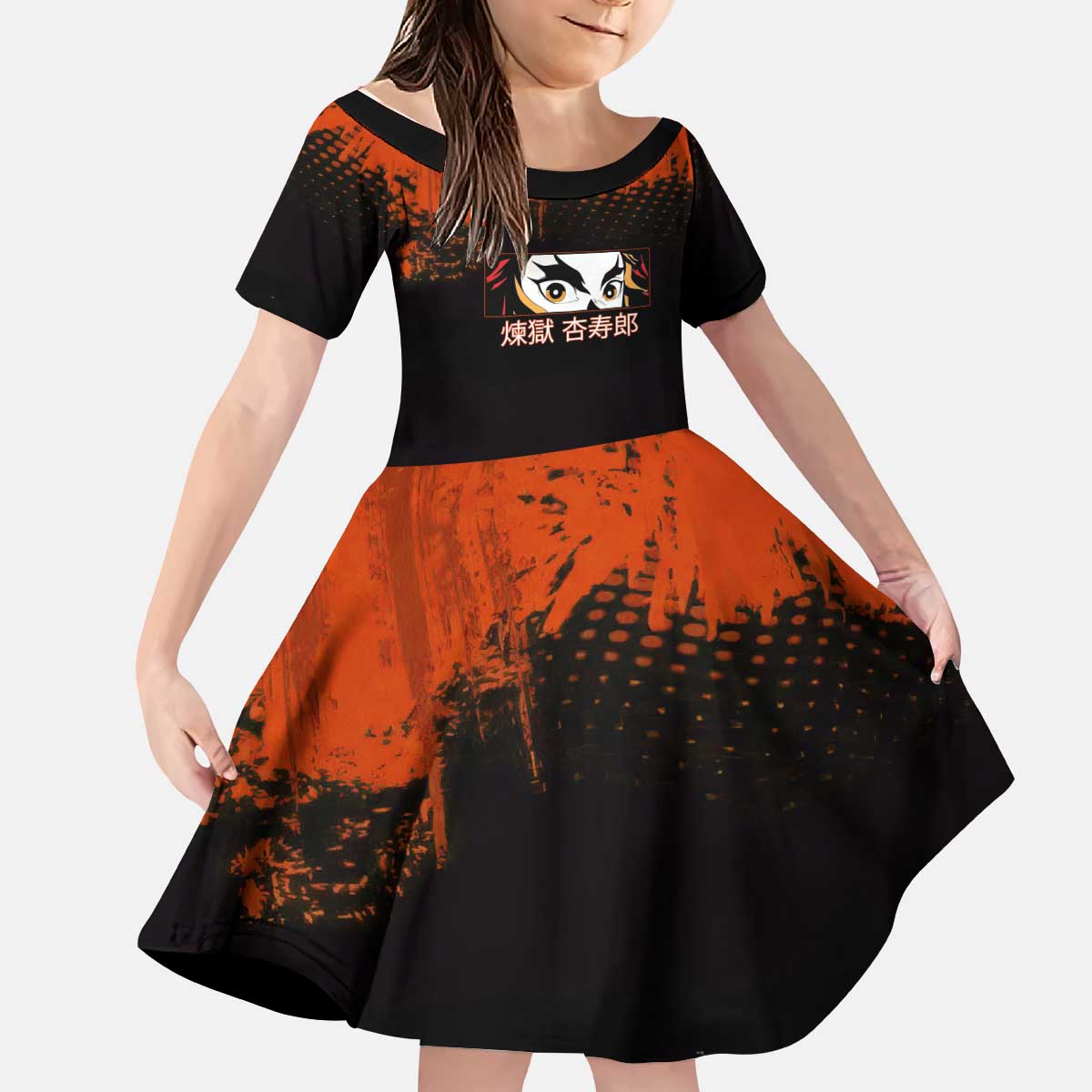 Kyojuro Rengoku Demon Slayer Black and Orange Grunge Design Kid Short Sleeve Dress with Bold Eyes and Flame Hashira Artwork - The Mazicc