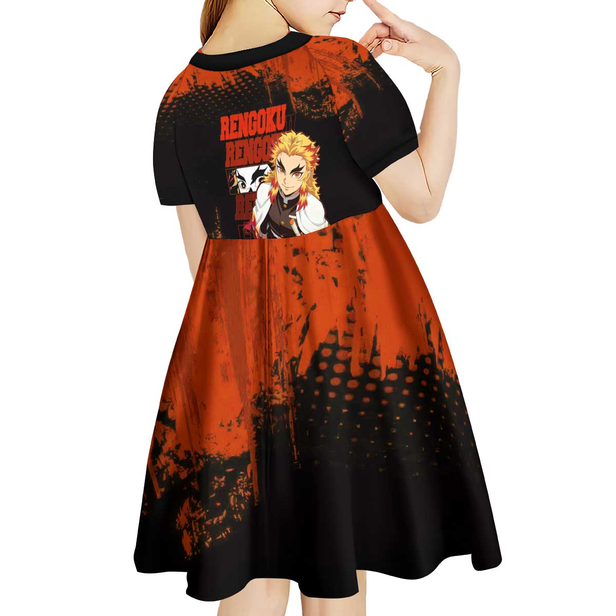 Kyojuro Rengoku Demon Slayer Black and Orange Grunge Design Kid Short Sleeve Dress with Bold Eyes and Flame Hashira Artwork - The Mazicc