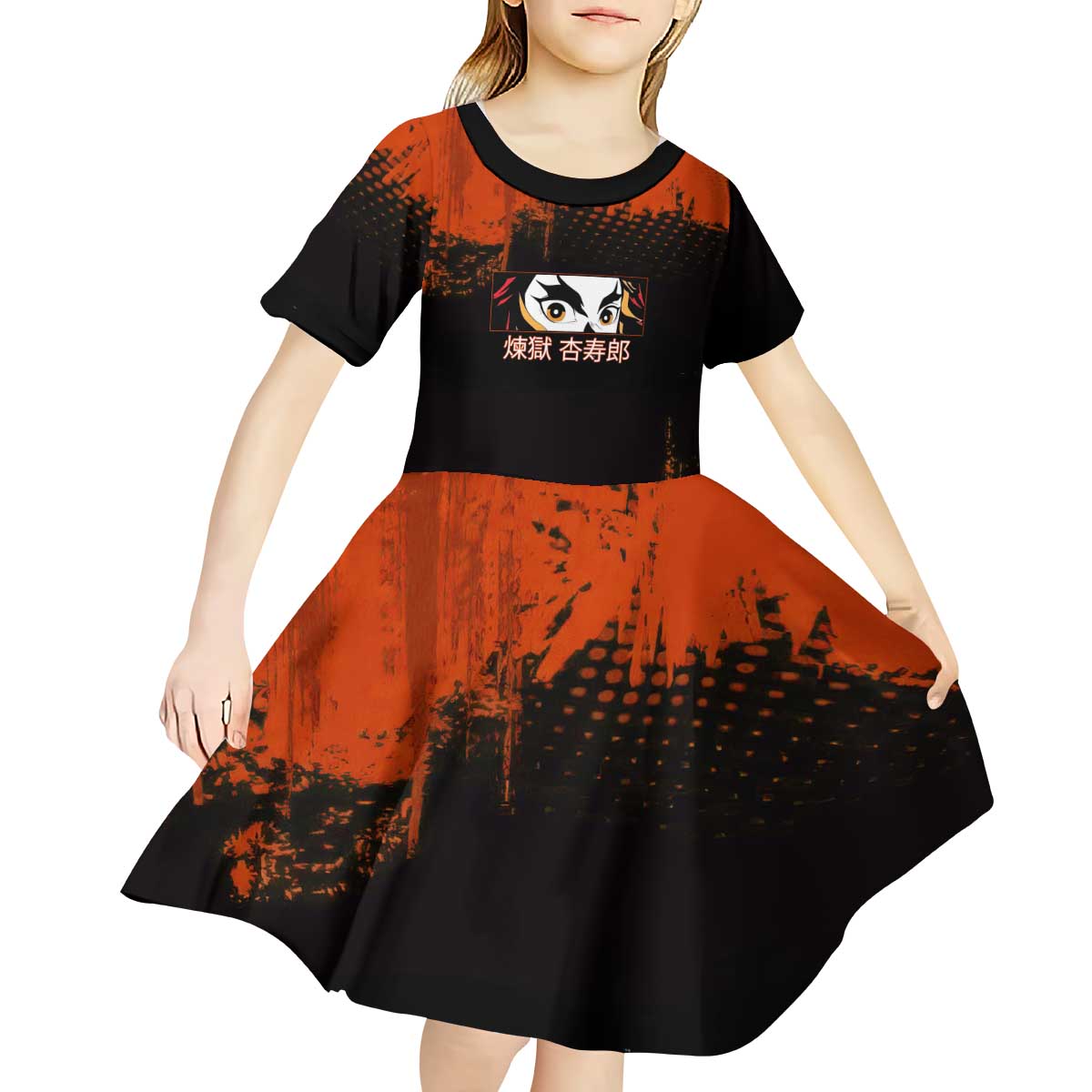 Kyojuro Rengoku Demon Slayer Black and Orange Grunge Design Kid Short Sleeve Dress with Bold Eyes and Flame Hashira Artwork - The Mazicc