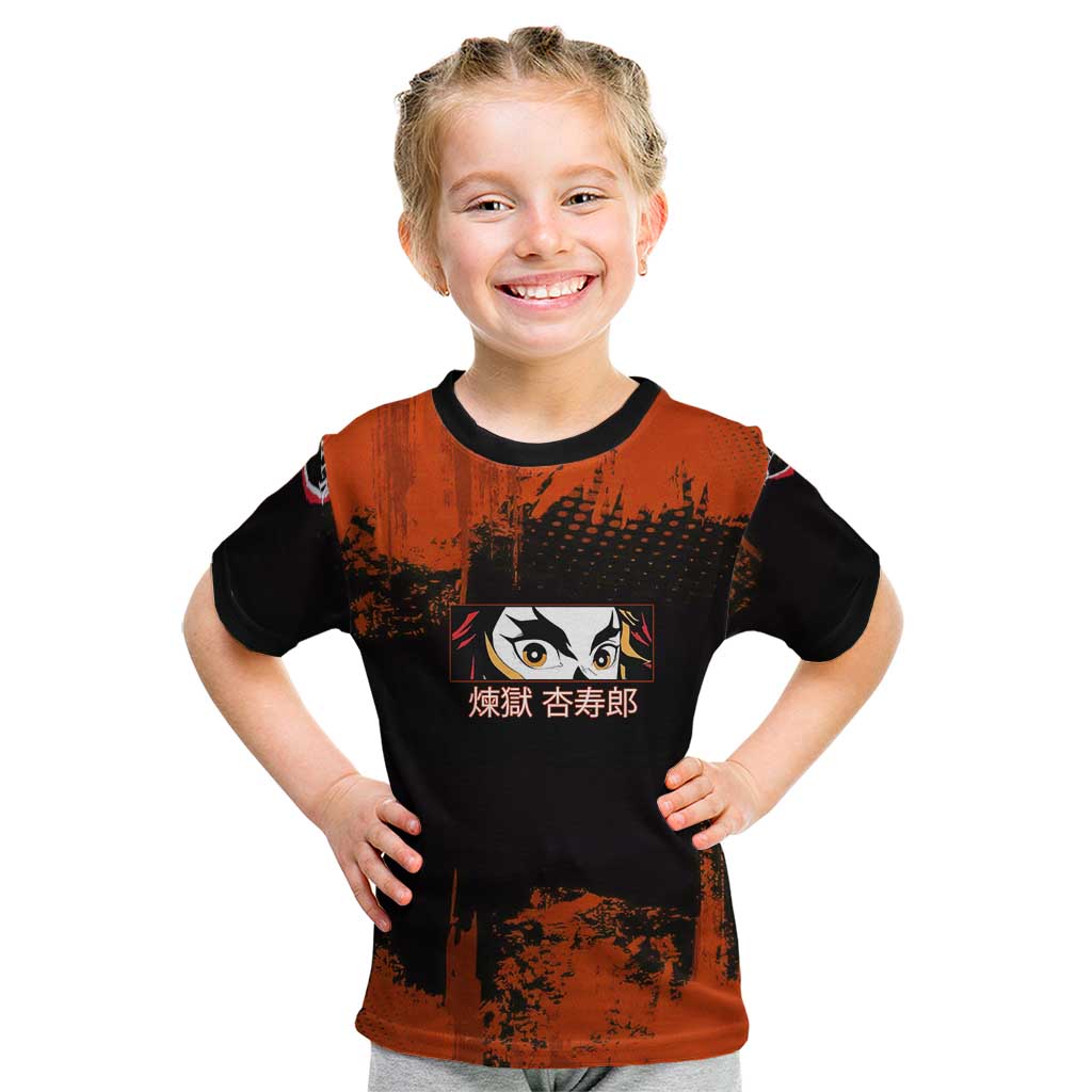 Kyojuro Rengoku Demon Slayer Black and Orange Grunge Design Kid T Shirt with Bold Eyes and Flame Hashira Artwork - The Mazicc