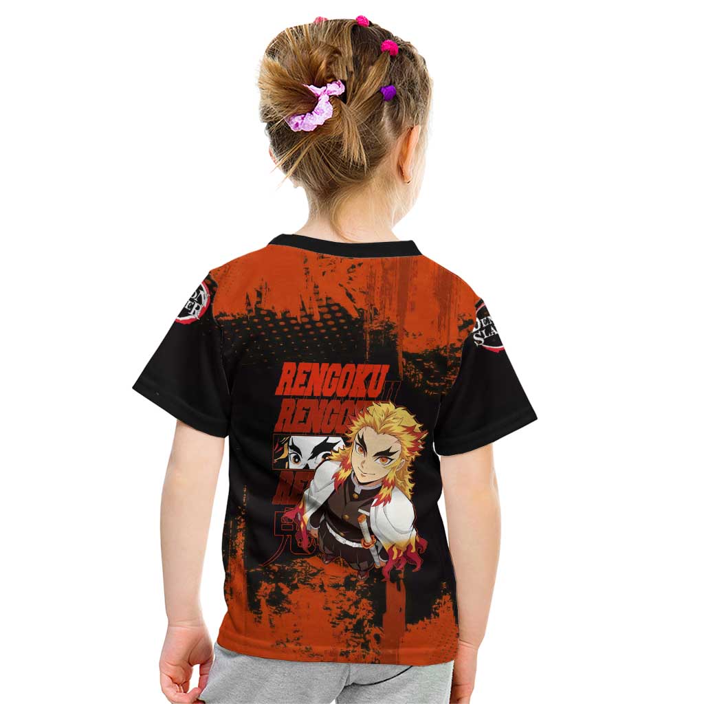 Kyojuro Rengoku Demon Slayer Black and Orange Grunge Design Kid T Shirt with Bold Eyes and Flame Hashira Artwork - The Mazicc