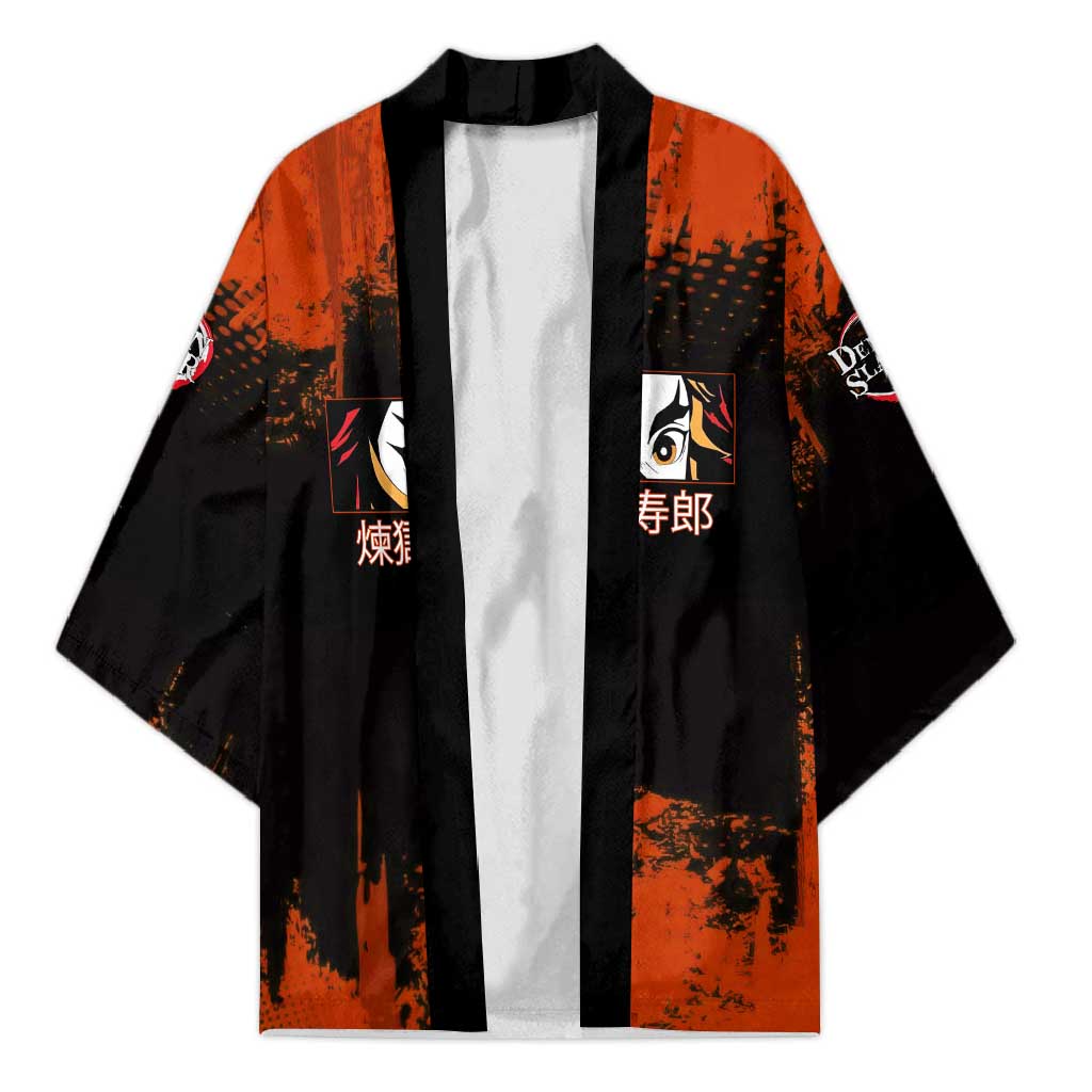 Kyojuro Rengoku Demon Slayer Black and Orange Grunge Design Kimono with Bold Eyes and Flame Hashira Artwork - The Mazicc