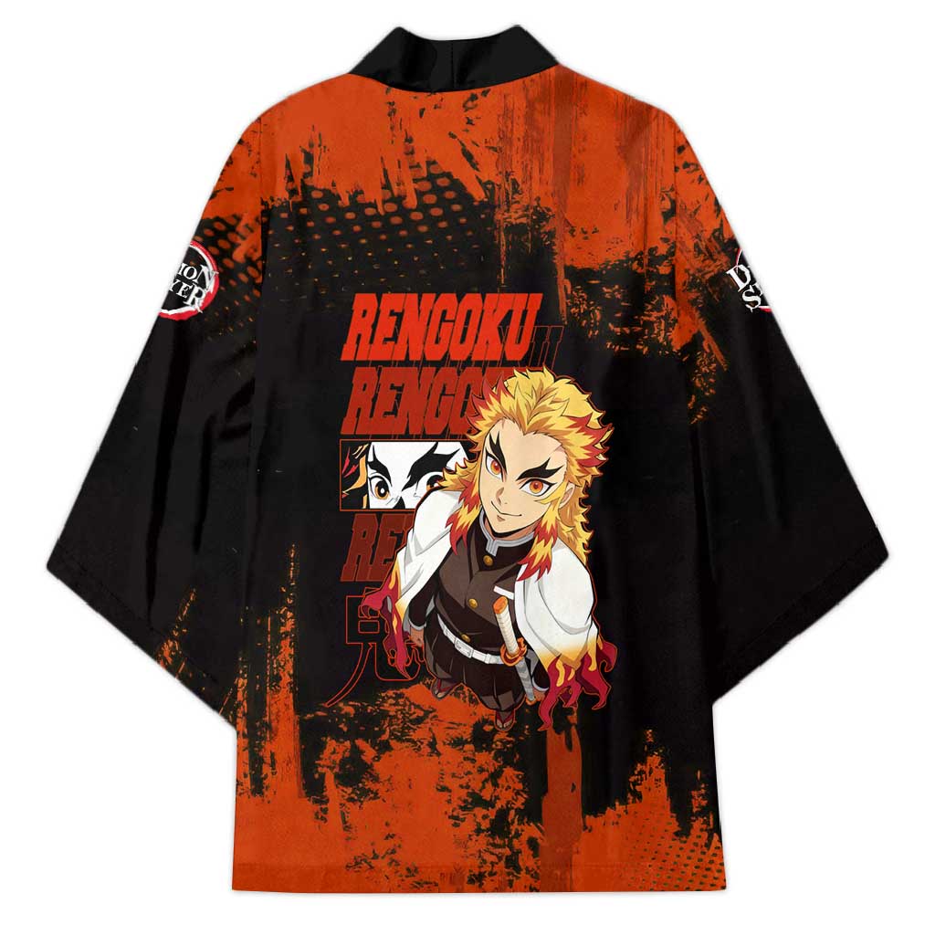 Kyojuro Rengoku Demon Slayer Black and Orange Grunge Design Kimono with Bold Eyes and Flame Hashira Artwork - The Mazicc