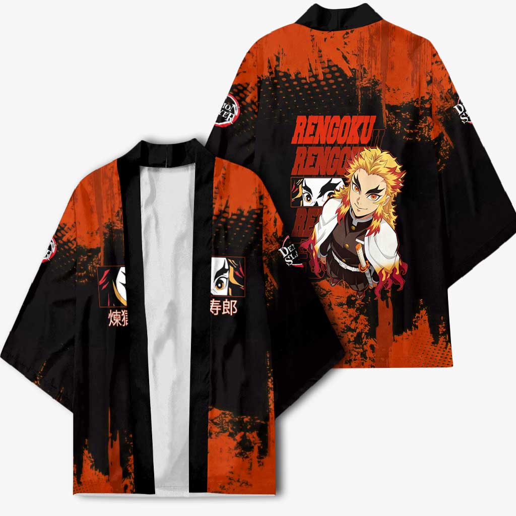Kyojuro Rengoku Demon Slayer Black and Orange Grunge Design Kimono with Bold Eyes and Flame Hashira Artwork - The Mazicc