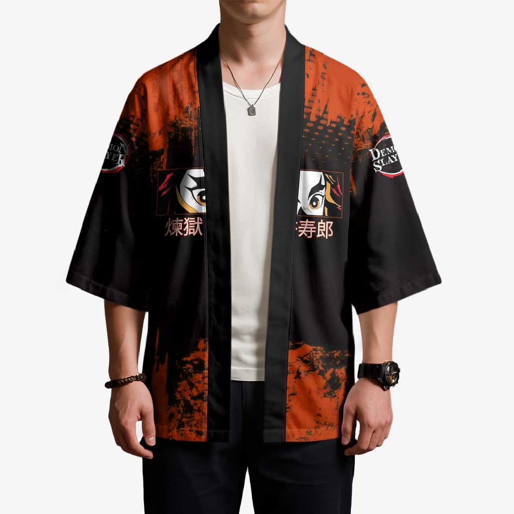 Kyojuro Rengoku Demon Slayer Black and Orange Grunge Design Kimono with Bold Eyes and Flame Hashira Artwork - The Mazicc