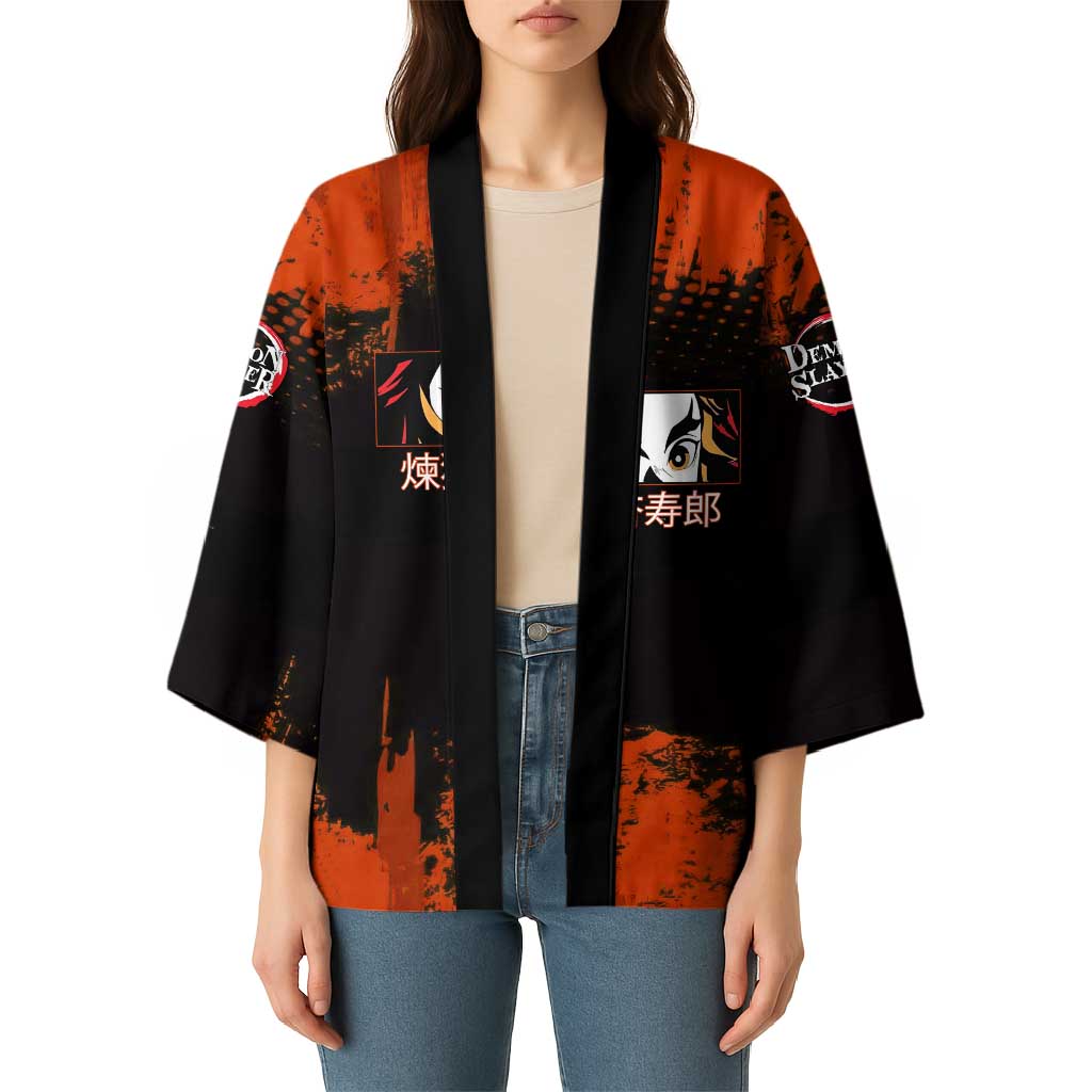 Kyojuro Rengoku Demon Slayer Black and Orange Grunge Design Kimono with Bold Eyes and Flame Hashira Artwork - The Mazicc