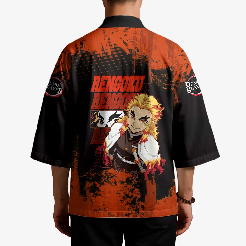 Kyojuro Rengoku Demon Slayer Black and Orange Grunge Design Kimono with Bold Eyes and Flame Hashira Artwork - The Mazicc