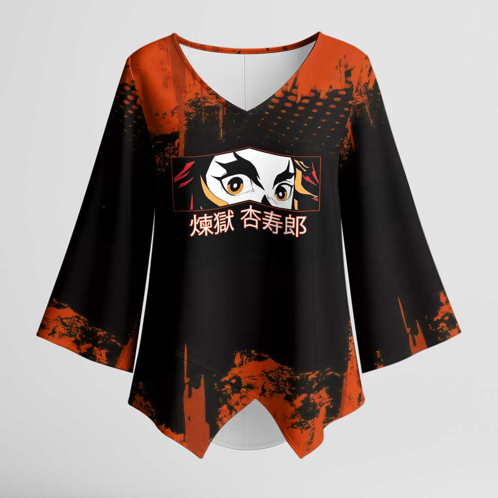 Kyojuro Rengoku Demon Slayer Black and Orange Grunge Design Kimono Sleeve Blouse with Bold Eyes and Flame Hashira Artwork - The Mazicc