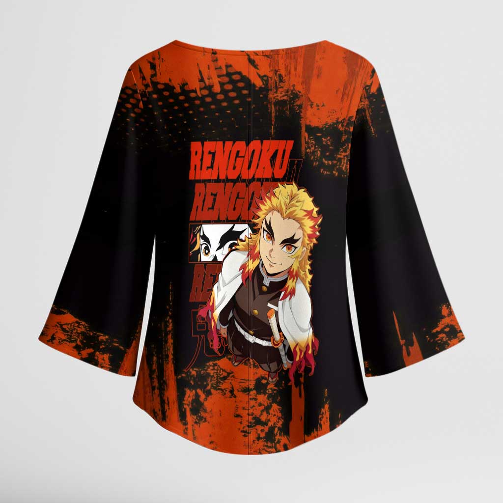 Kyojuro Rengoku Demon Slayer Black and Orange Grunge Design Kimono Sleeve Blouse with Bold Eyes and Flame Hashira Artwork - The Mazicc
