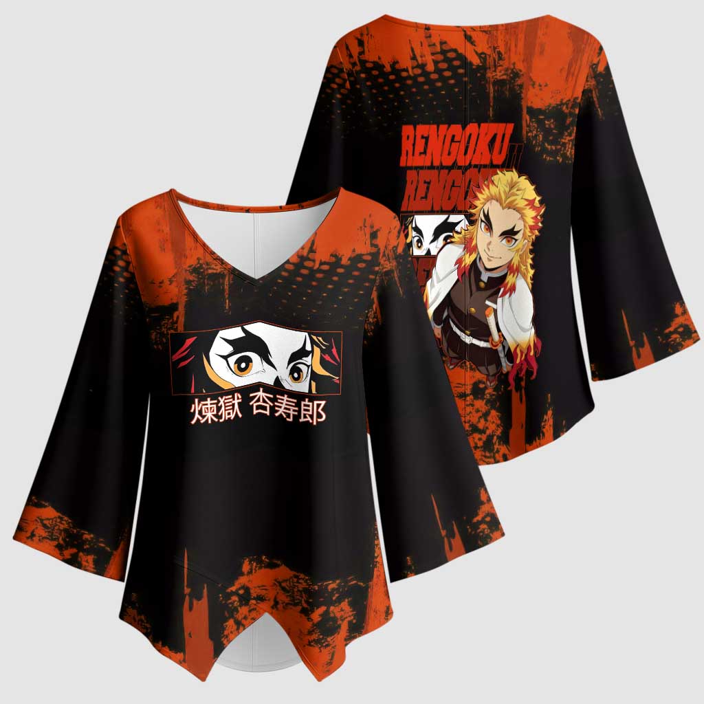 Kyojuro Rengoku Demon Slayer Black and Orange Grunge Design Kimono Sleeve Blouse with Bold Eyes and Flame Hashira Artwork - The Mazicc
