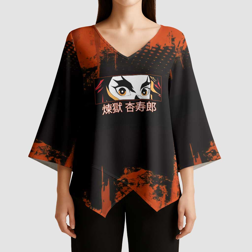 Kyojuro Rengoku Demon Slayer Black and Orange Grunge Design Kimono Sleeve Blouse with Bold Eyes and Flame Hashira Artwork - The Mazicc