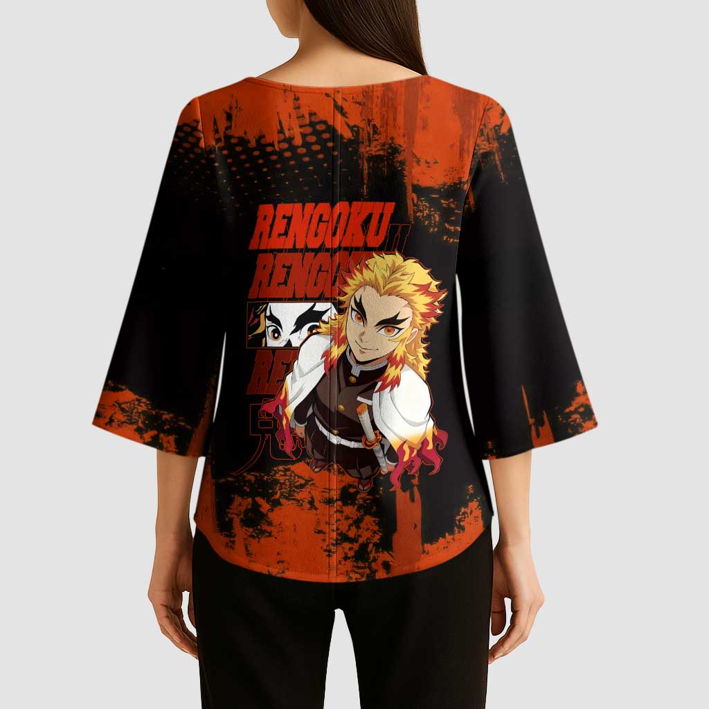 Kyojuro Rengoku Demon Slayer Black and Orange Grunge Design Kimono Sleeve Blouse with Bold Eyes and Flame Hashira Artwork - The Mazicc