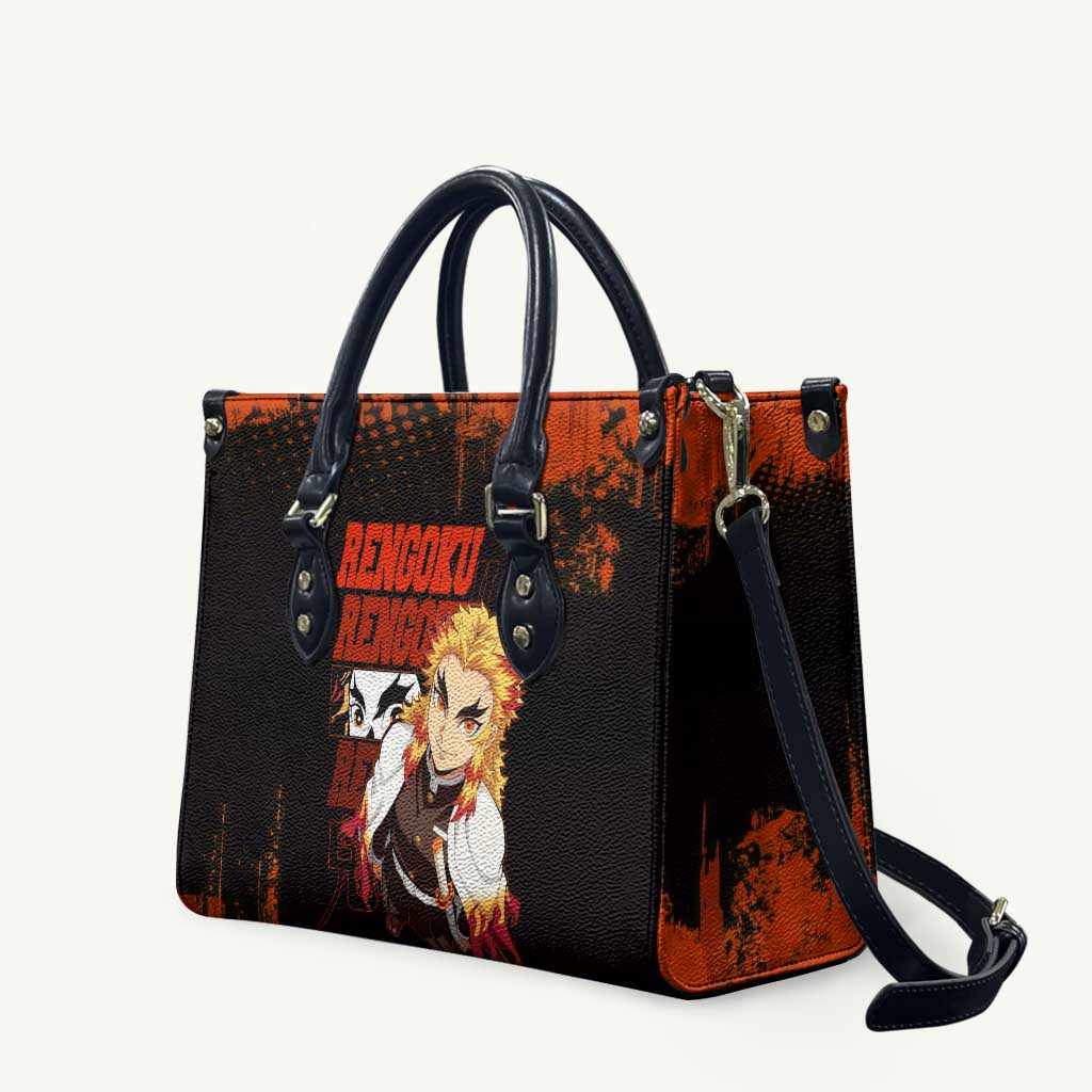 Kyojuro Rengoku Demon Slayer Black and Orange Grunge Design Leather Bag with Bold Eyes and Flame Hashira Artwork - The Mazicc