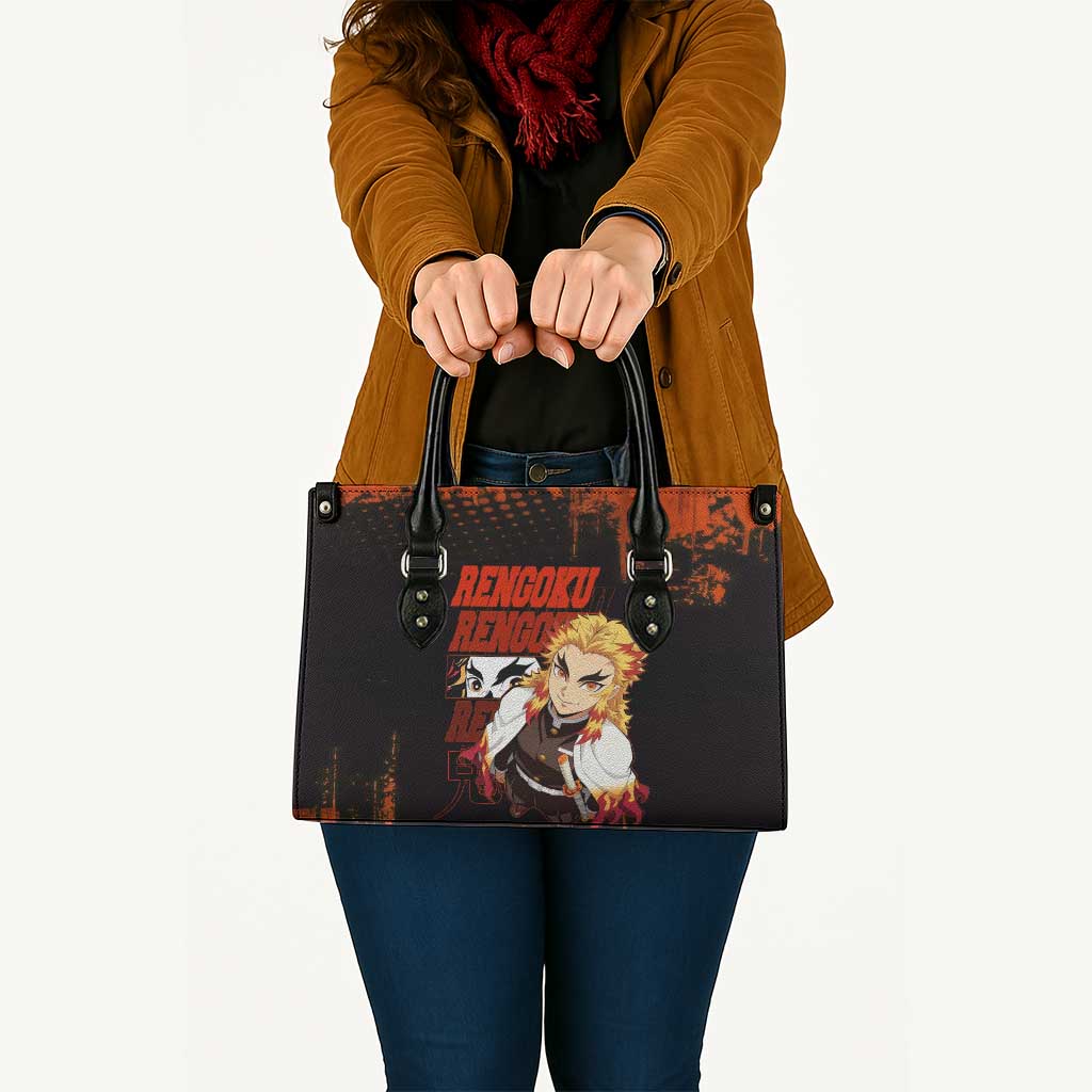 Kyojuro Rengoku Demon Slayer Black and Orange Grunge Design Leather Bag with Bold Eyes and Flame Hashira Artwork - The Mazicc