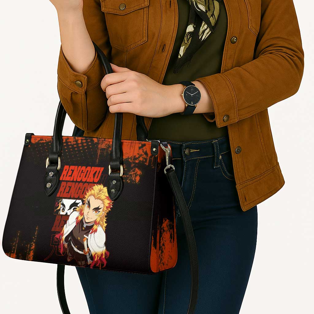 Kyojuro Rengoku Demon Slayer Black and Orange Grunge Design Leather Bag with Bold Eyes and Flame Hashira Artwork - The Mazicc