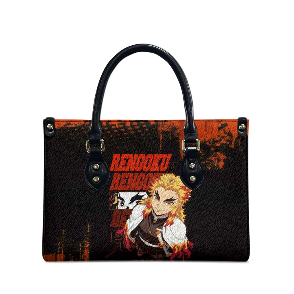 Kyojuro Rengoku Demon Slayer Black and Orange Grunge Design Leather Bag with Bold Eyes and Flame Hashira Artwork - The Mazicc