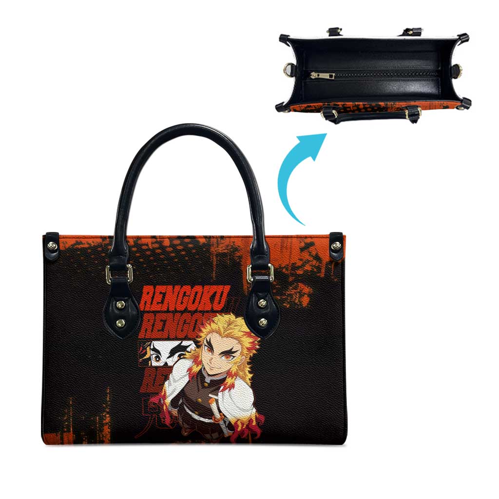 Kyojuro Rengoku Demon Slayer Black and Orange Grunge Design Leather Bag with Bold Eyes and Flame Hashira Artwork - The Mazicc