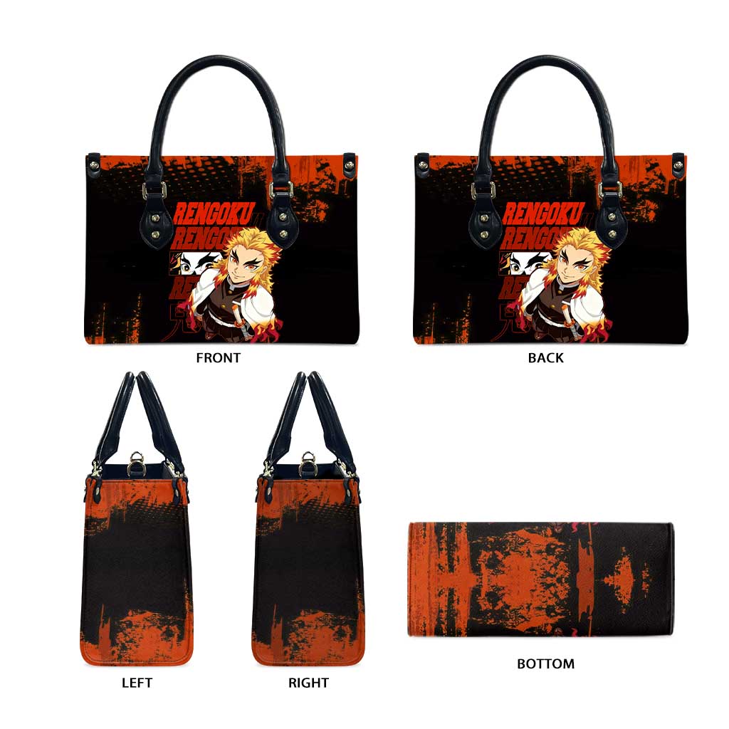 Kyojuro Rengoku Demon Slayer Black and Orange Grunge Design Leather Bag with Bold Eyes and Flame Hashira Artwork - The Mazicc