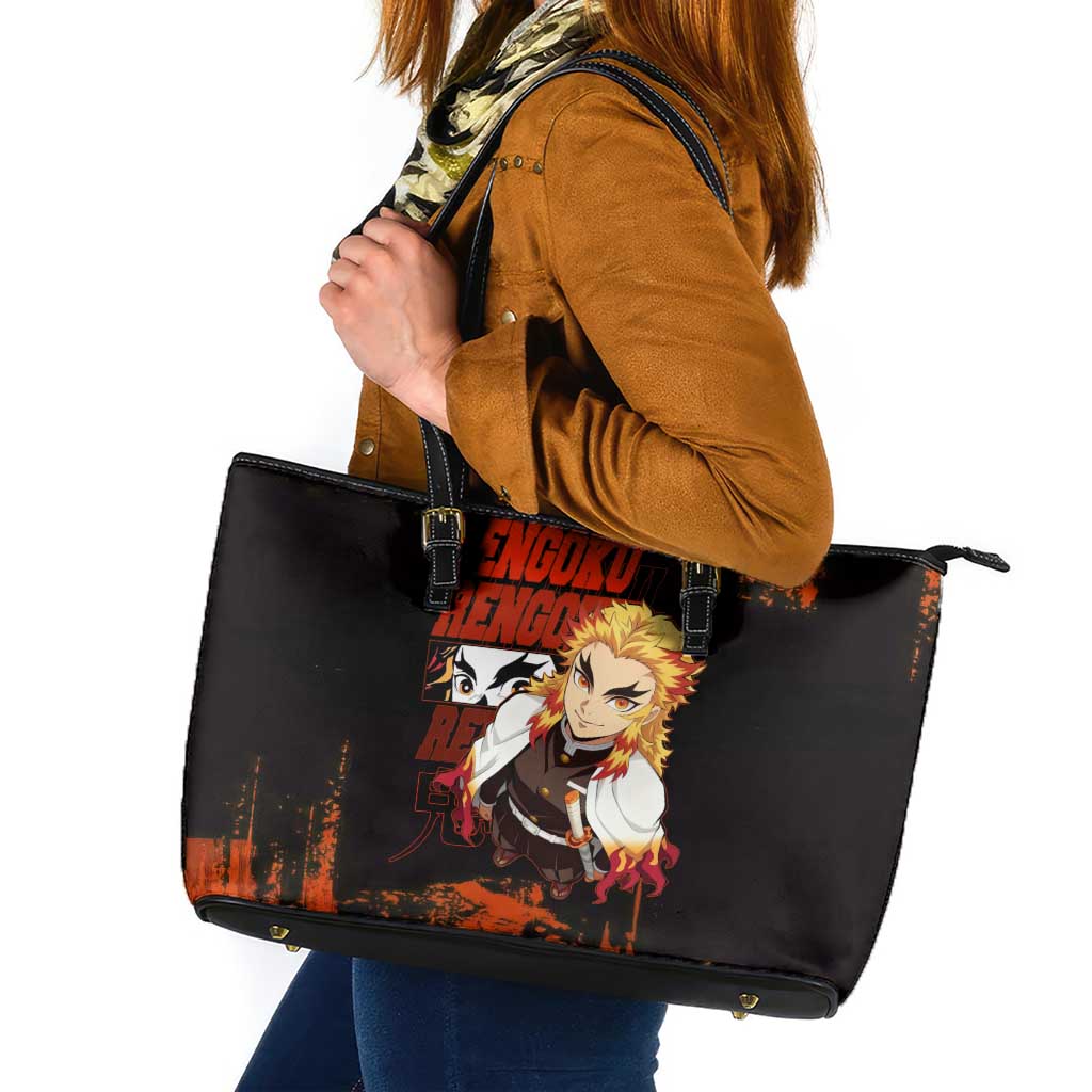 Kyojuro Rengoku Demon Slayer Black and Orange Grunge Design Leather Tote Bag with Bold Eyes and Flame Hashira Artwork - The Mazicc