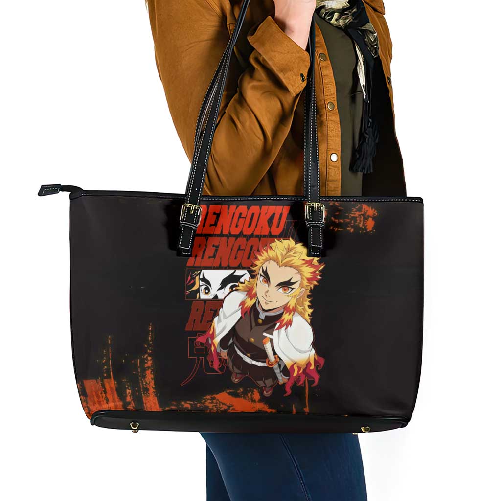 Kyojuro Rengoku Demon Slayer Black and Orange Grunge Design Leather Tote Bag with Bold Eyes and Flame Hashira Artwork - The Mazicc
