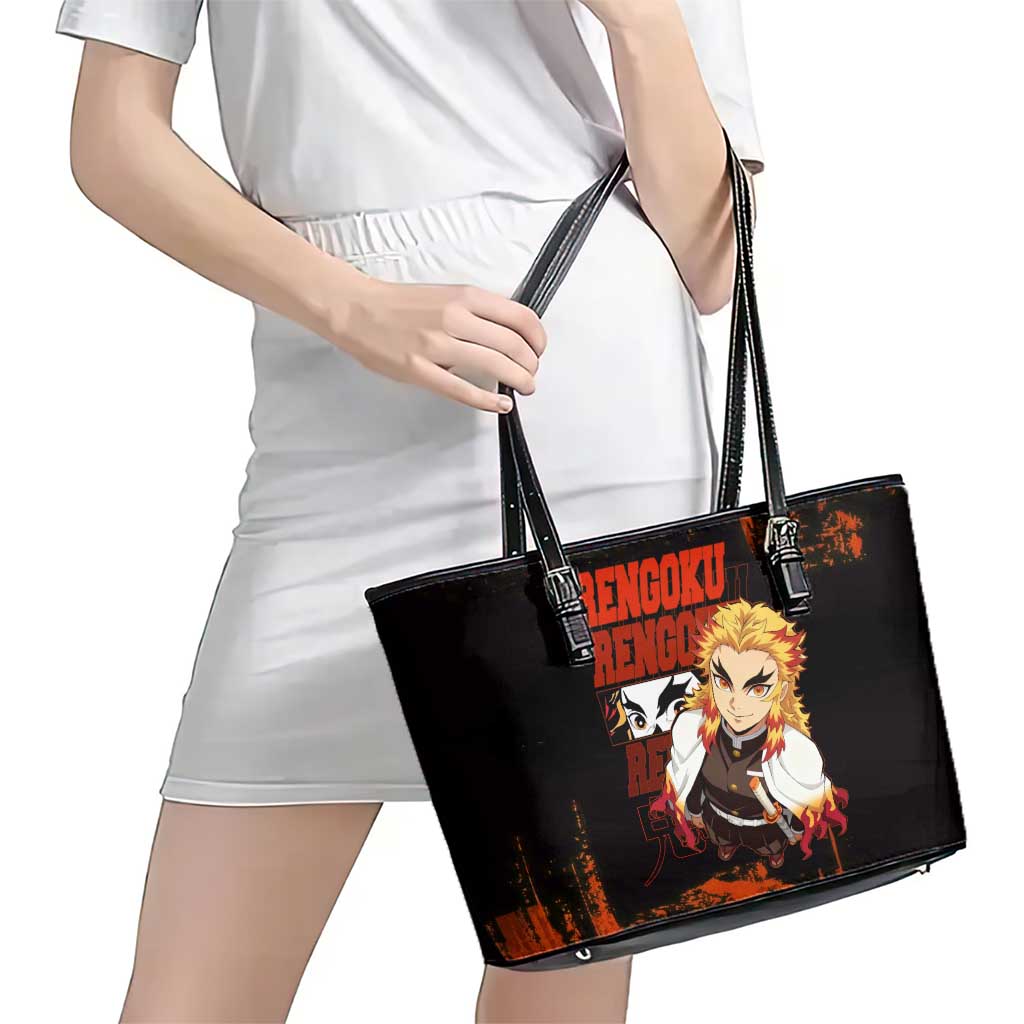 Kyojuro Rengoku Demon Slayer Black and Orange Grunge Design Leather Tote Bag with Bold Eyes and Flame Hashira Artwork - The Mazicc