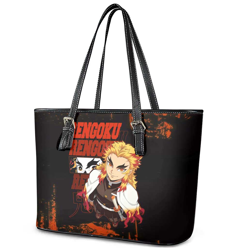 Kyojuro Rengoku Demon Slayer Black and Orange Grunge Design Leather Tote Bag with Bold Eyes and Flame Hashira Artwork - The Mazicc