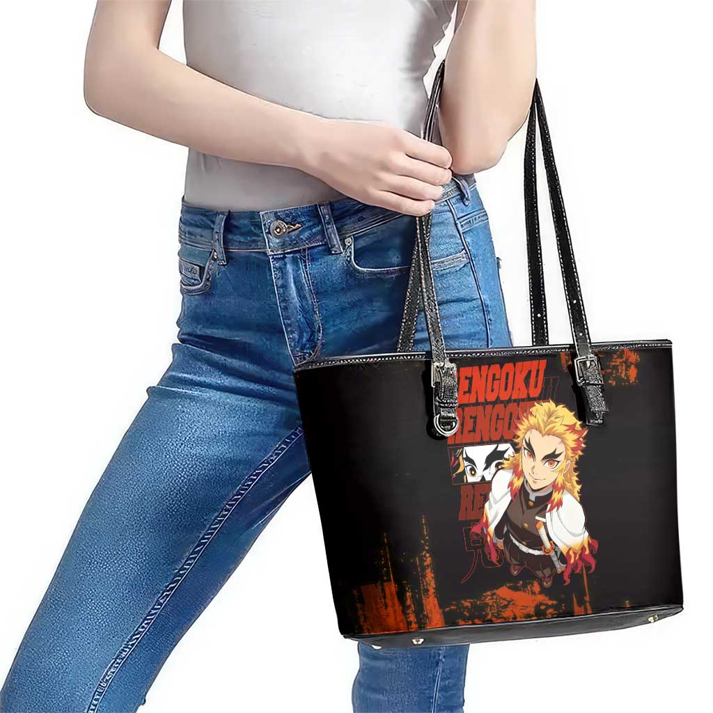 Kyojuro Rengoku Demon Slayer Black and Orange Grunge Design Leather Tote Bag with Bold Eyes and Flame Hashira Artwork - The Mazicc