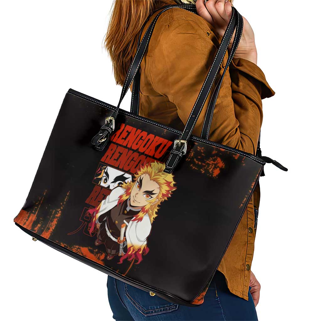 Kyojuro Rengoku Demon Slayer Black and Orange Grunge Design Leather Tote Bag with Bold Eyes and Flame Hashira Artwork - The Mazicc