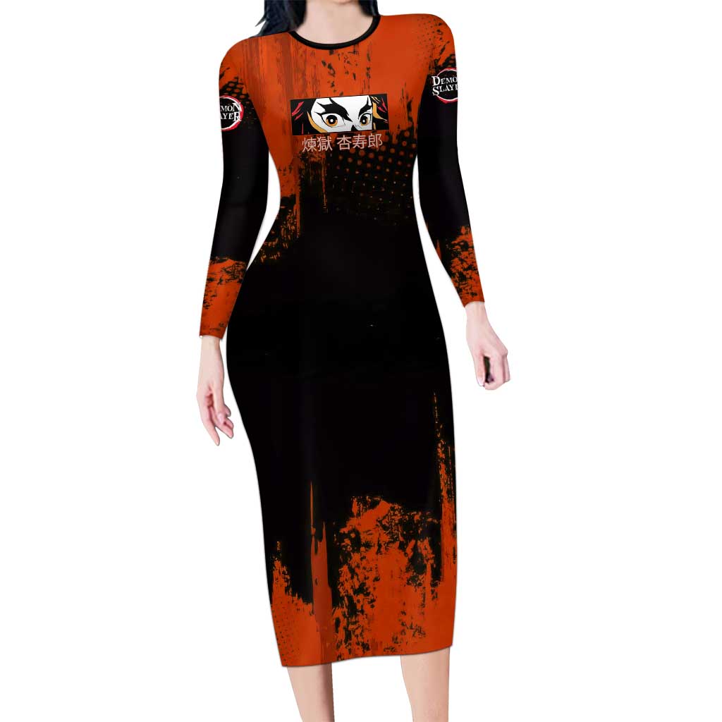 Kyojuro Rengoku Demon Slayer Black and Orange Grunge Design Long Sleeve Bodycon Dress with Bold Eyes and Flame Hashira Artwork - The Mazicc