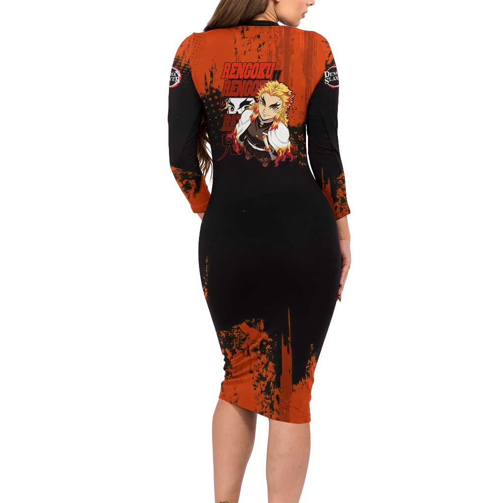 Kyojuro Rengoku Demon Slayer Black and Orange Grunge Design Long Sleeve Bodycon Dress with Bold Eyes and Flame Hashira Artwork - The Mazicc