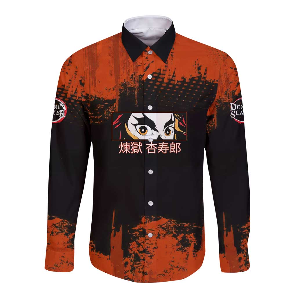 Kyojuro Rengoku Demon Slayer Black and Orange Grunge Design Long Sleeve Button Shirt with Bold Eyes and Flame Hashira Artwork - The Mazicc