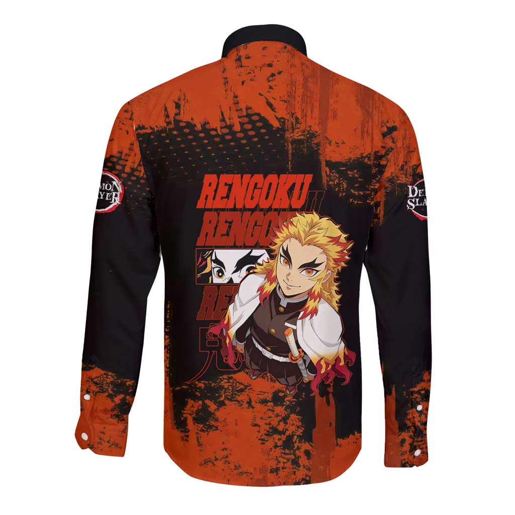 Kyojuro Rengoku Demon Slayer Black and Orange Grunge Design Long Sleeve Button Shirt with Bold Eyes and Flame Hashira Artwork - The Mazicc