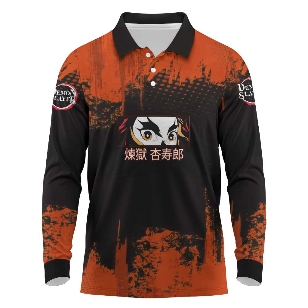 Kyojuro Rengoku Demon Slayer Black and Orange Grunge Design Long Sleeve Polo Shirt with Bold Eyes and Flame Hashira Artwork - The Mazicc