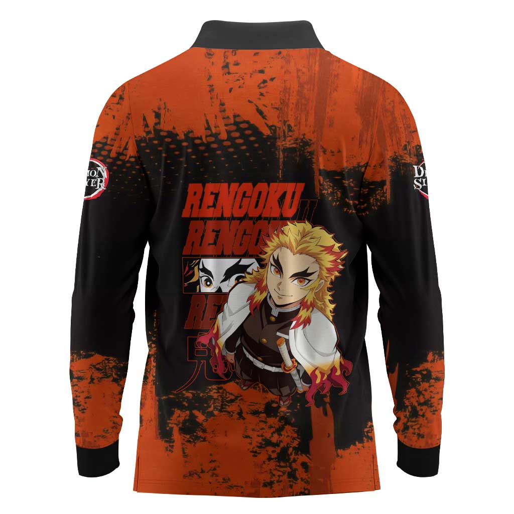 Kyojuro Rengoku Demon Slayer Black and Orange Grunge Design Long Sleeve Polo Shirt with Bold Eyes and Flame Hashira Artwork - The Mazicc