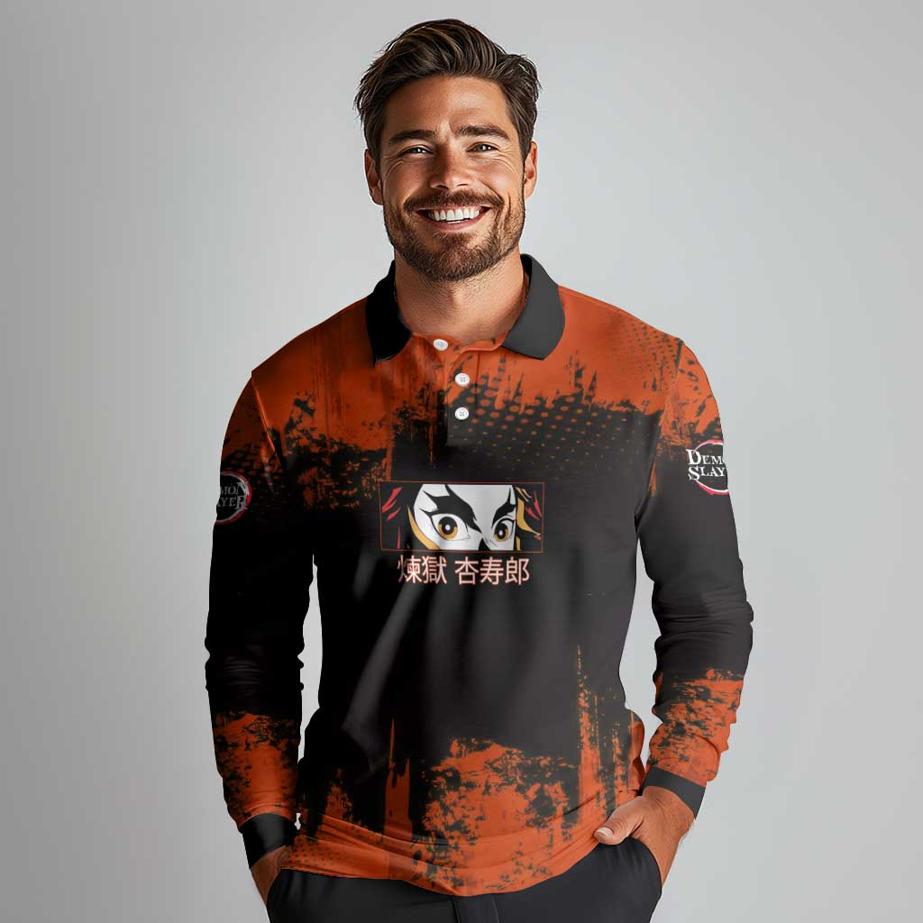 Kyojuro Rengoku Demon Slayer Black and Orange Grunge Design Long Sleeve Polo Shirt with Bold Eyes and Flame Hashira Artwork - The Mazicc