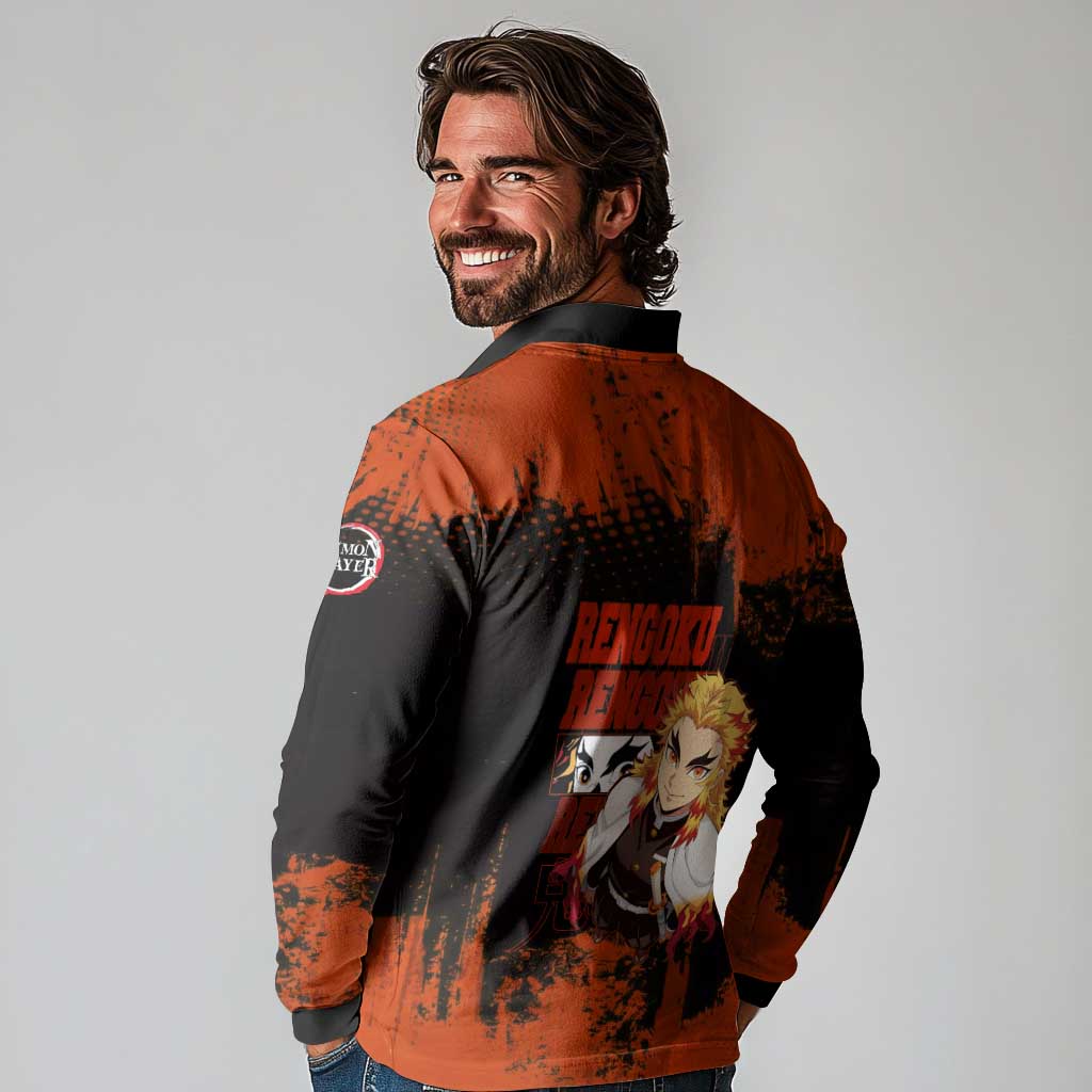 Kyojuro Rengoku Demon Slayer Black and Orange Grunge Design Long Sleeve Polo Shirt with Bold Eyes and Flame Hashira Artwork - The Mazicc