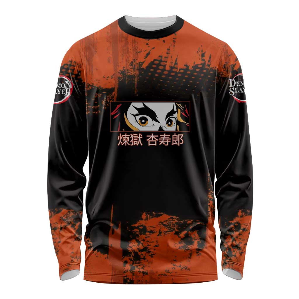 Kyojuro Rengoku Demon Slayer Black and Orange Grunge Design Long Sleeve Shirt with Bold Eyes and Flame Hashira Artwork - The Mazicc