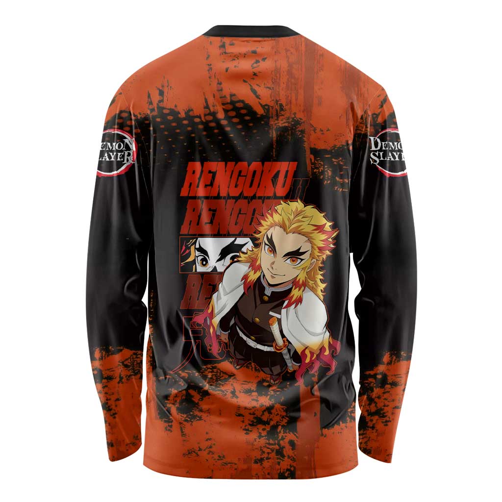 Kyojuro Rengoku Demon Slayer Black and Orange Grunge Design Long Sleeve Shirt with Bold Eyes and Flame Hashira Artwork - The Mazicc