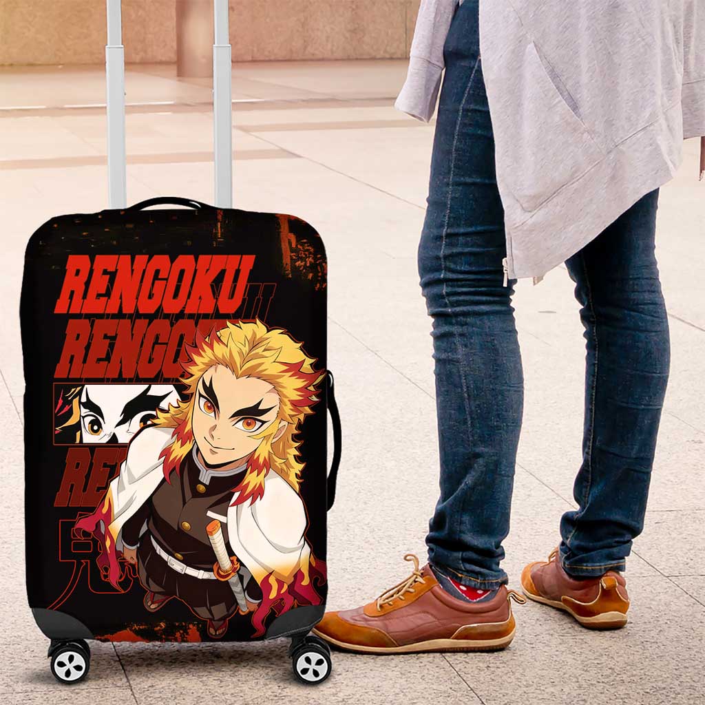 Kyojuro Rengoku Demon Slayer Black and Orange Grunge Design Luggage Cover with Bold Eyes and Flame Hashira Artwork - The Mazicc
