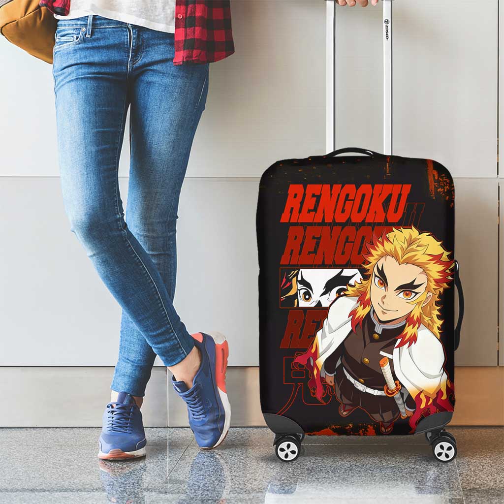 Kyojuro Rengoku Demon Slayer Black and Orange Grunge Design Luggage Cover with Bold Eyes and Flame Hashira Artwork - The Mazicc