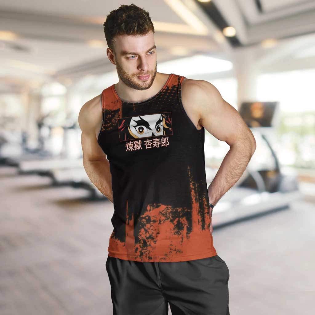 Kyojuro Rengoku Demon Slayer Black and Orange Grunge Design Men Tank Top with Bold Eyes and Flame Hashira Artwork - The Mazicc