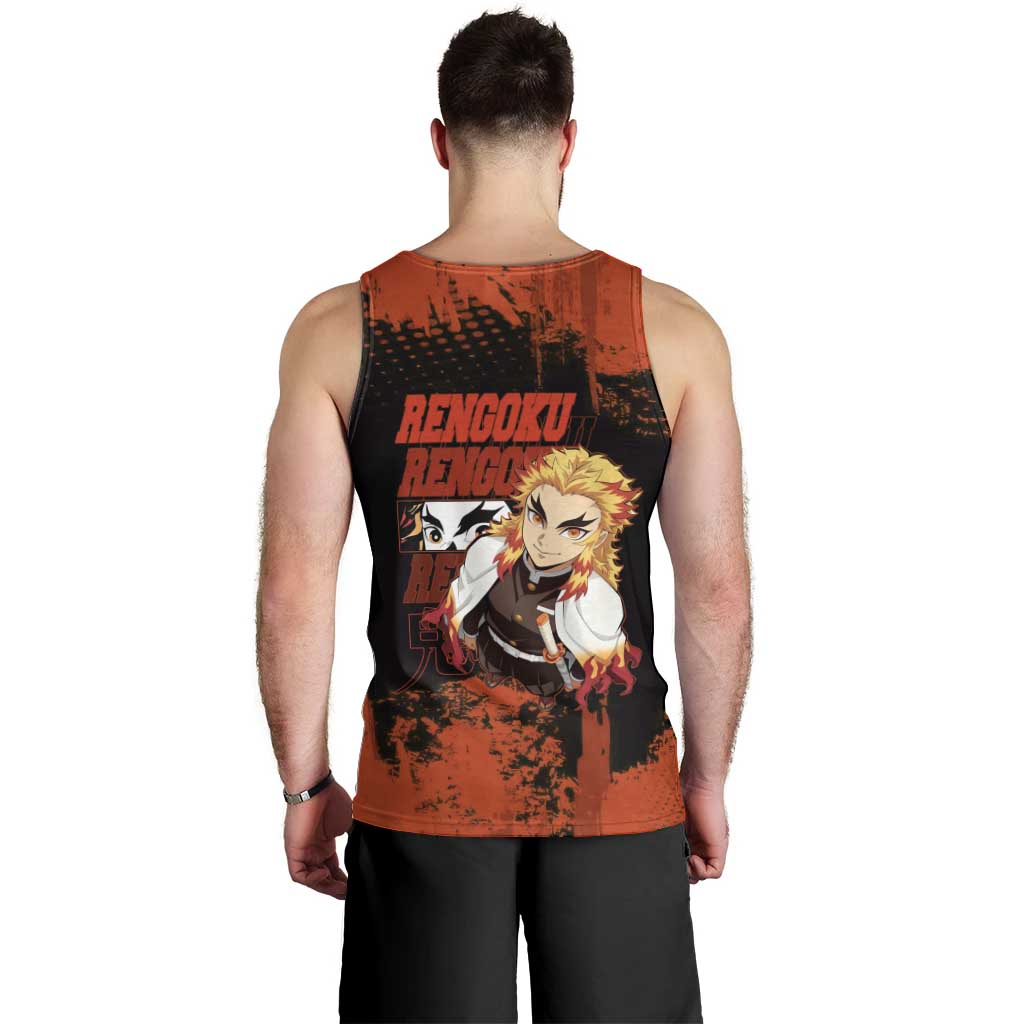 Kyojuro Rengoku Demon Slayer Black and Orange Grunge Design Men Tank Top with Bold Eyes and Flame Hashira Artwork - The Mazicc