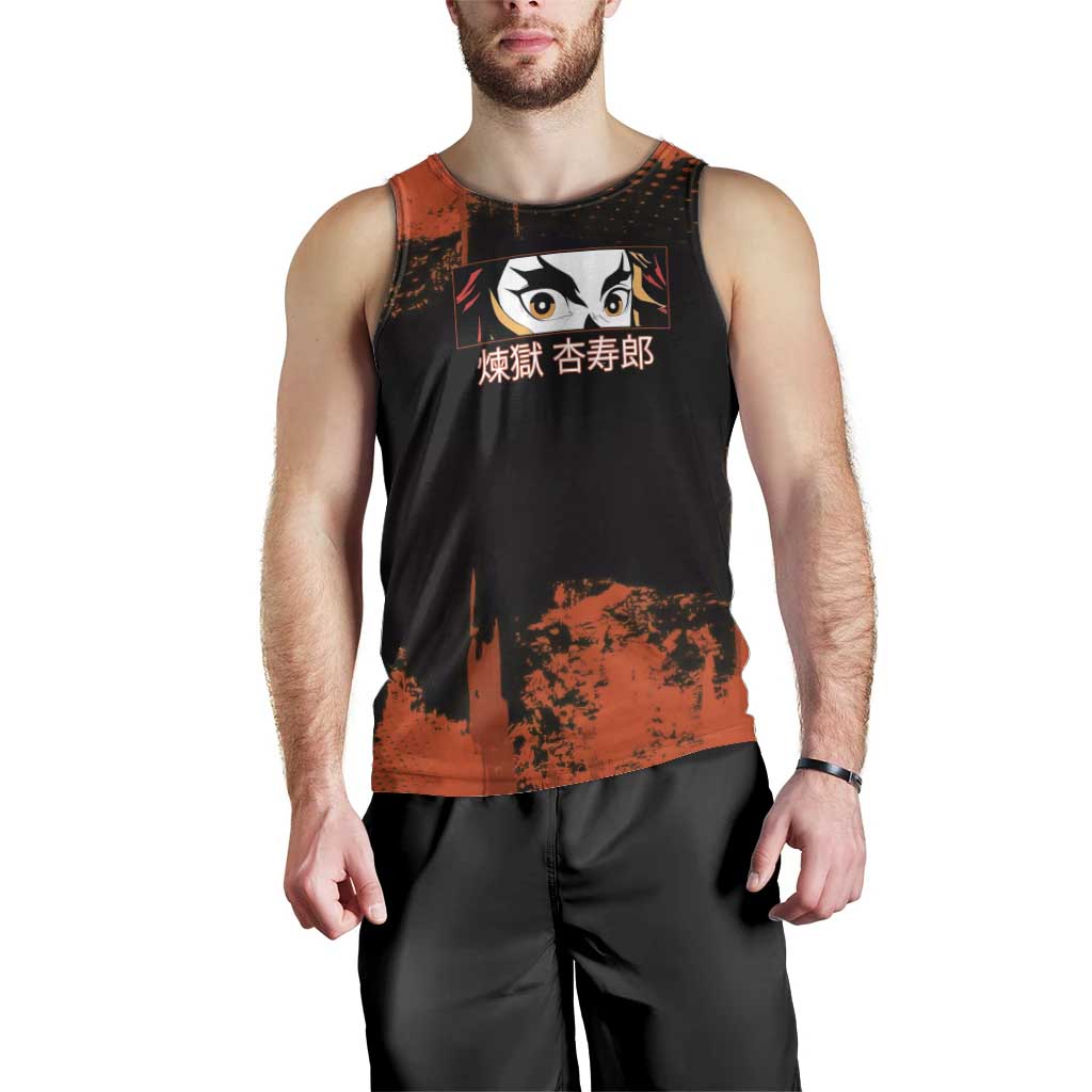Kyojuro Rengoku Demon Slayer Black and Orange Grunge Design Men Tank Top with Bold Eyes and Flame Hashira Artwork - The Mazicc