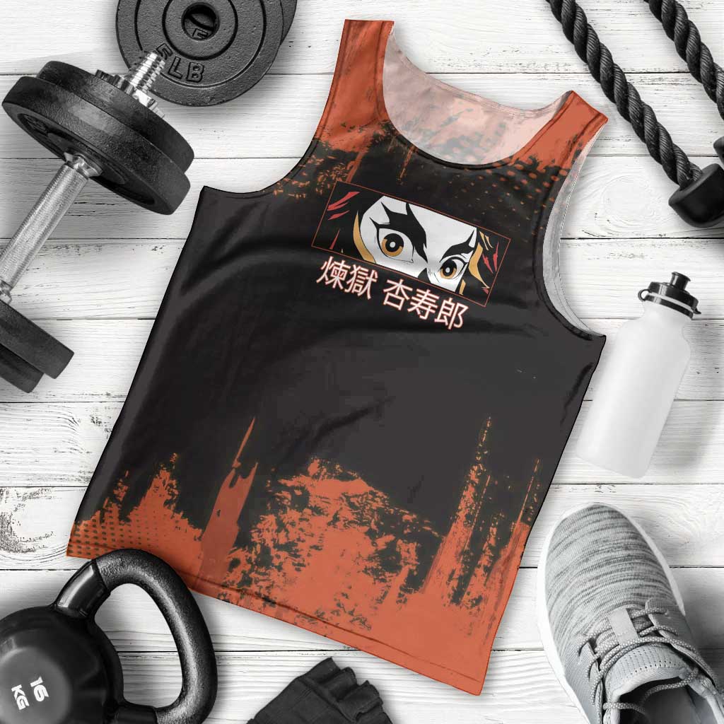 Kyojuro Rengoku Demon Slayer Black and Orange Grunge Design Men Tank Top with Bold Eyes and Flame Hashira Artwork - The Mazicc