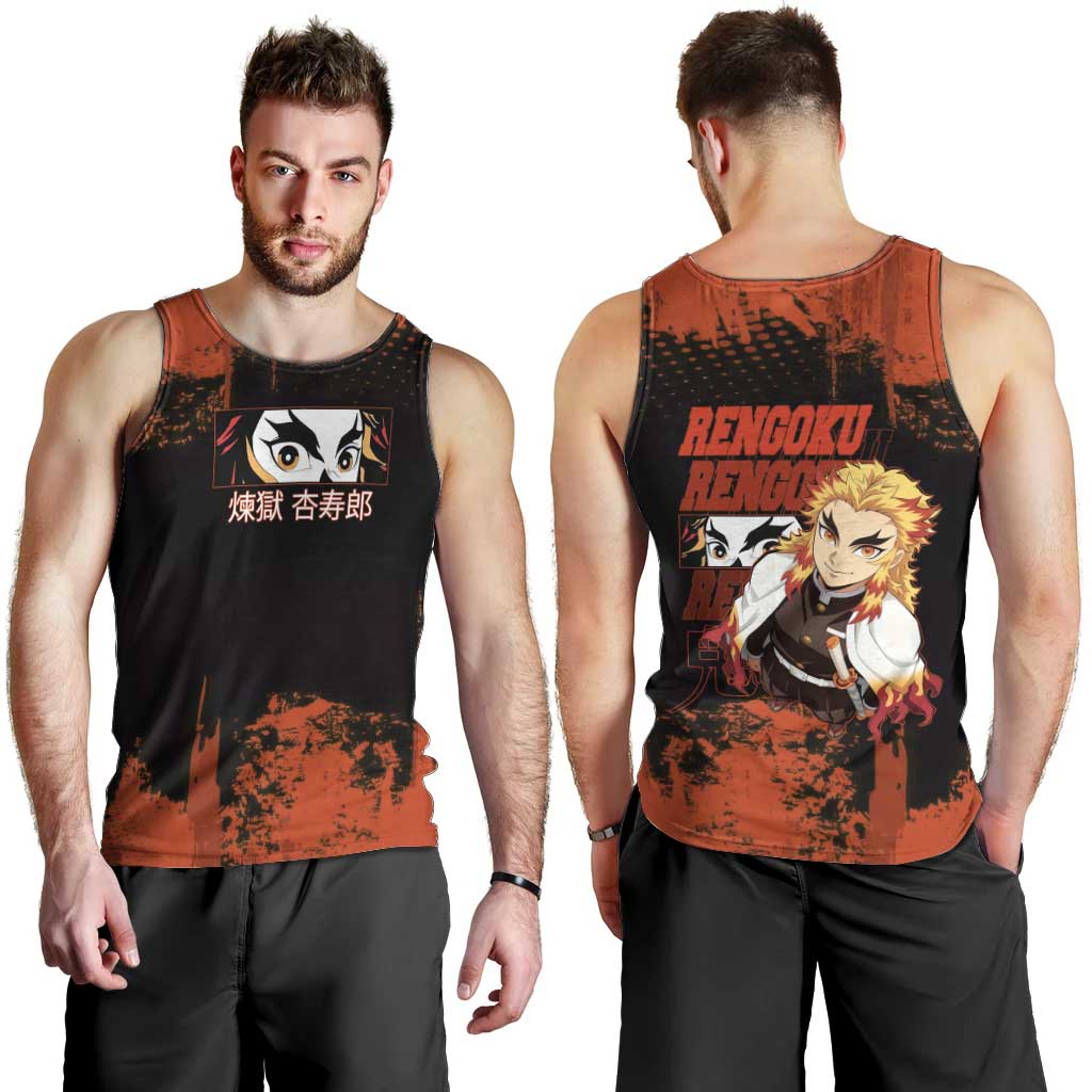 Kyojuro Rengoku Demon Slayer Black and Orange Grunge Design Men Tank Top with Bold Eyes and Flame Hashira Artwork - The Mazicc